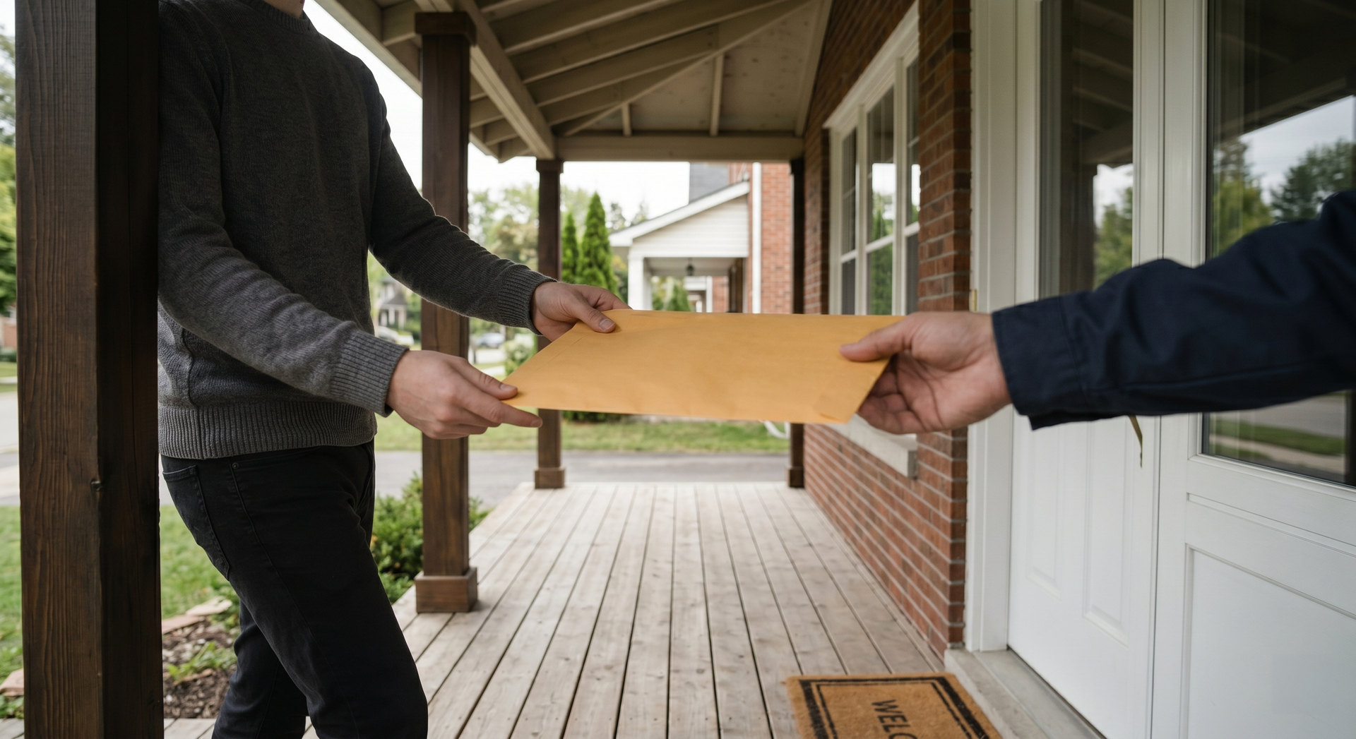 Two people exchange a yellow envelope on a front porch, one in dark clothing and one in a navy sleeve.