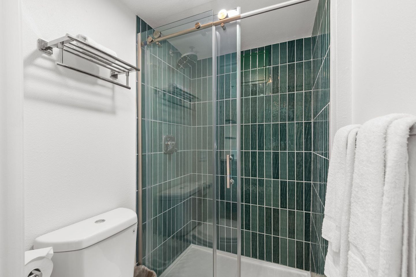 A bathroom with a toilet , shower , and bathtub.