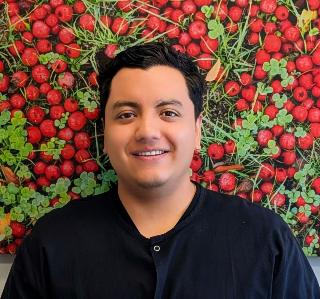 Smiling man in a black shirt before a wall covered with red berries and green leaves Dr. Chavez - Associate Doctor