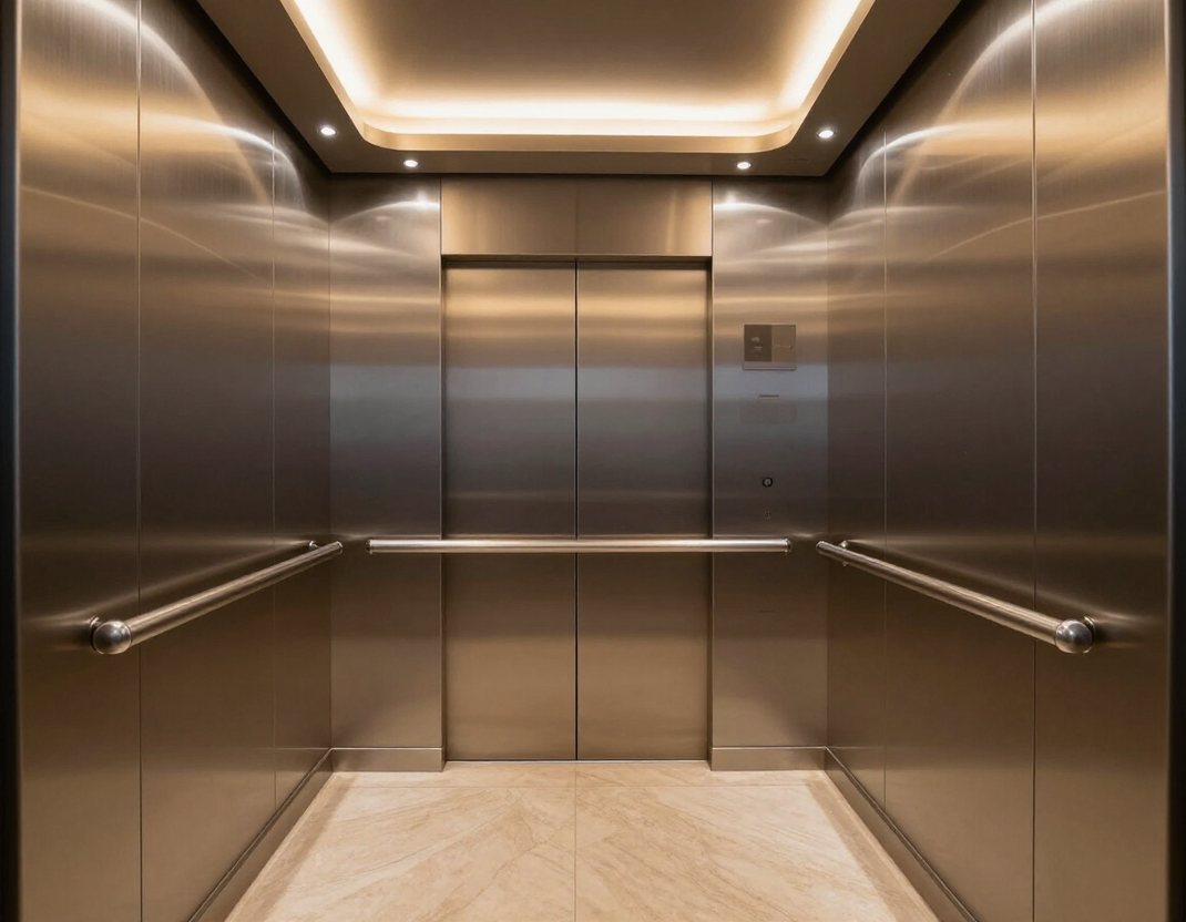 Cabina ascensore moderna con finiture in acciaio, illuminazione calda e design elegante.