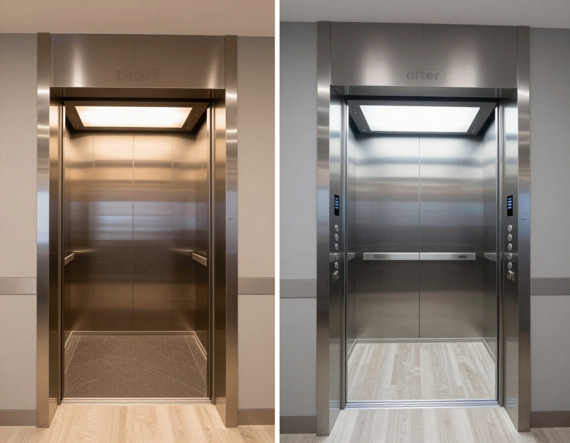 Ascensore condominiale rinnovato con interni moderni, illuminazione LED e finiture in acciaio.