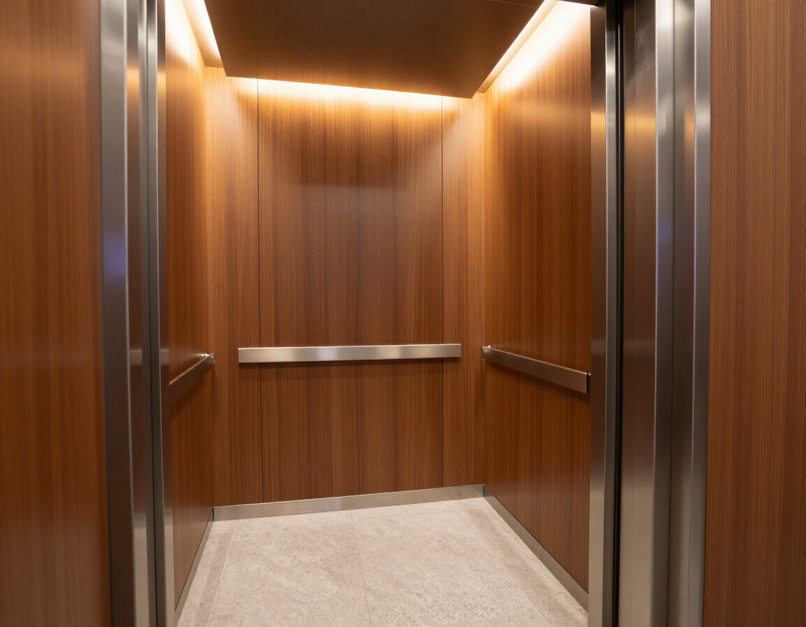 Cabina ascensore restylizzata con finiture calde e contemporanee in un condominio.