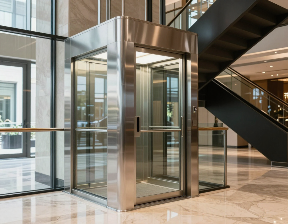Montacarichi compatto integrato in un edificio elegante con finiture in metallo e vetro.