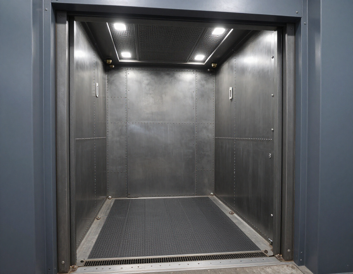 Interno di montacarichi con cabina robusta e spazio utile per il carico.