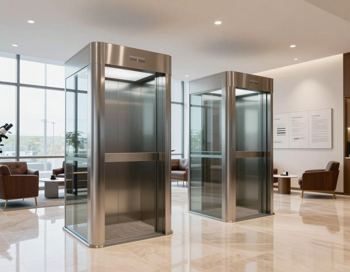 Showroom con due cabine ascensore moderne esposte per la clientela.