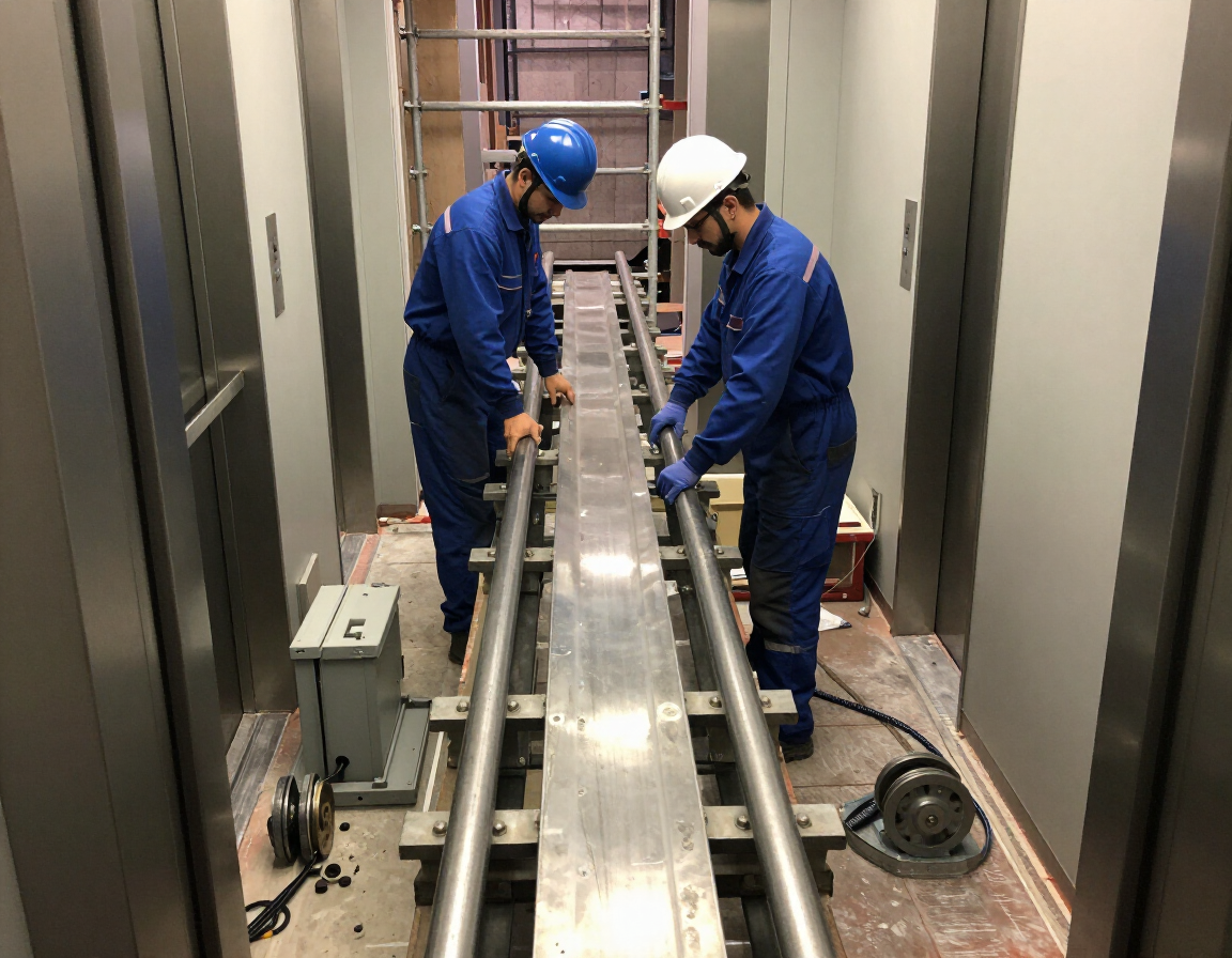 Installazione di un impianto elevatore in un vano condominiale con tecnici al lavoro.