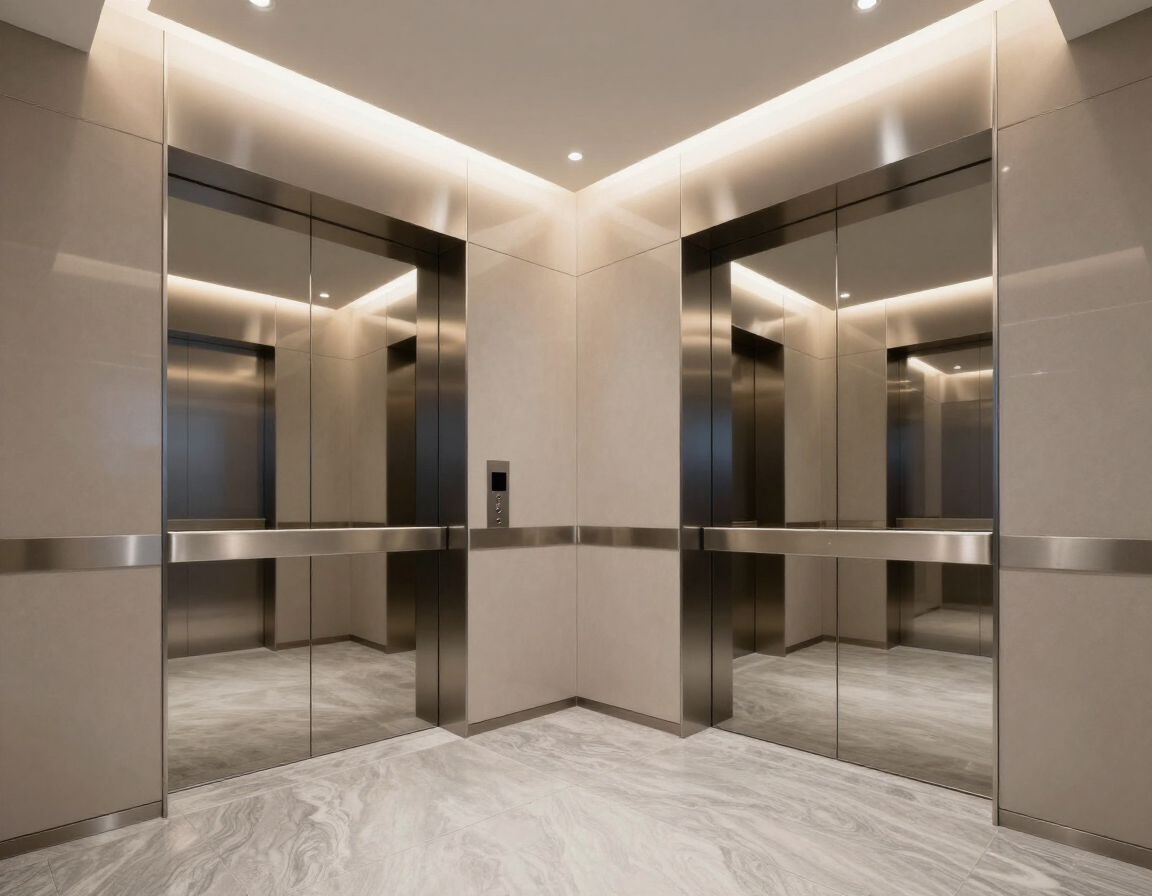Cabina ascensore moderna con specchi, acciaio satinato e illuminazione indiretta.
