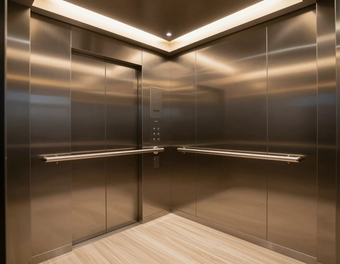 Interno di un ascensore residenziale con illuminazione calda, specchi e corrimano accessibile.