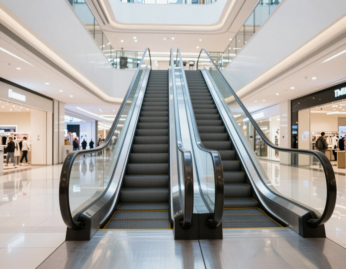 Scala mobile moderna in un ambiente commerciale luminoso e ordinato.