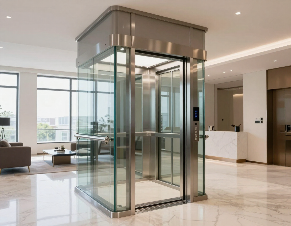 Ascensore moderno in un elegante condominio, con finiture in vetro e acciaio e illuminazione curata.