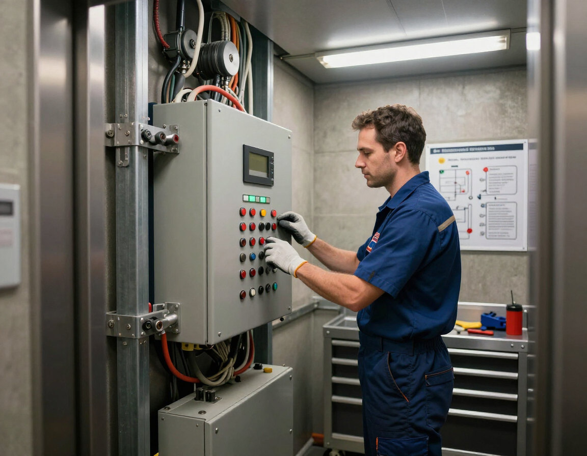 Controllo tecnico periodico su componenti dell&rsquo;impianto elevatore in sala macchine.