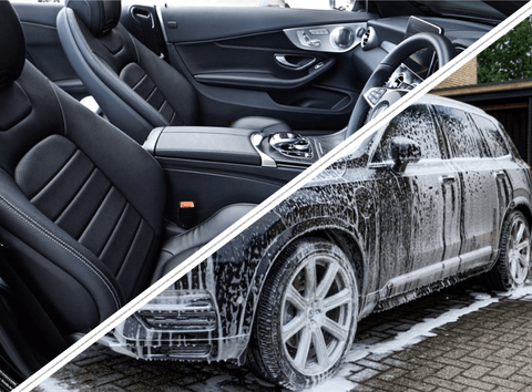 Het interieur van de auto wordt gereinigd met zeepschuim en water, weergegeven in een voor-en-na-foto.