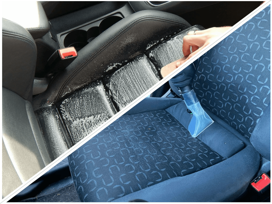 Autostoeltje in tweeën gedeeld beeld: zwarte stoelbekleding links, blauw patroonstoeltje met een flesje desinfectiemiddel rechts.