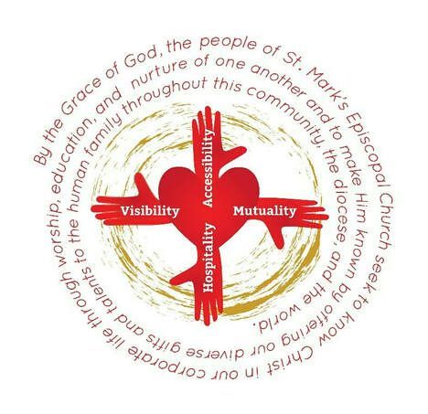 Red cross with words visibility, accessibility, hospitality, and mutuality over a circular church mission text design