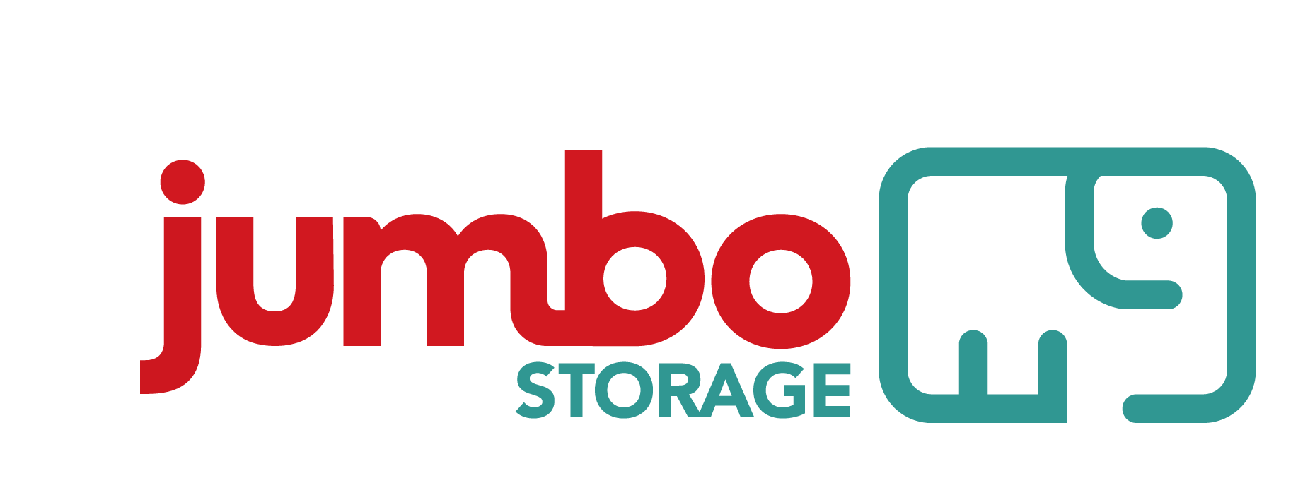 Logotipo da Jumbo Storage com texto vermelho e um ícone de elefante em estilo linear na cor verde-azulada.