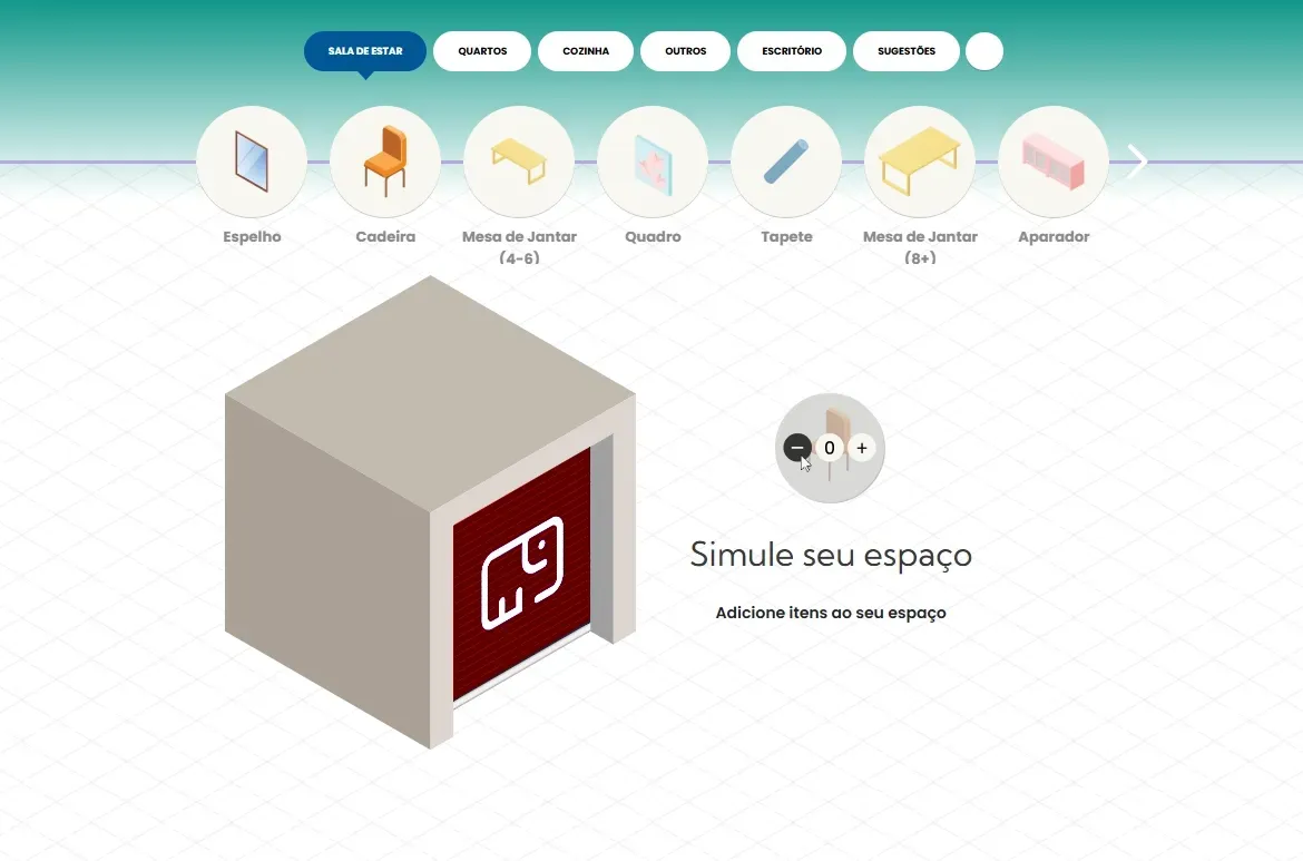 Interface web para um simulador espacial apresentando ícones de mobiliário sobre uma ilustração isométrica de uma unidade de armazenamento.