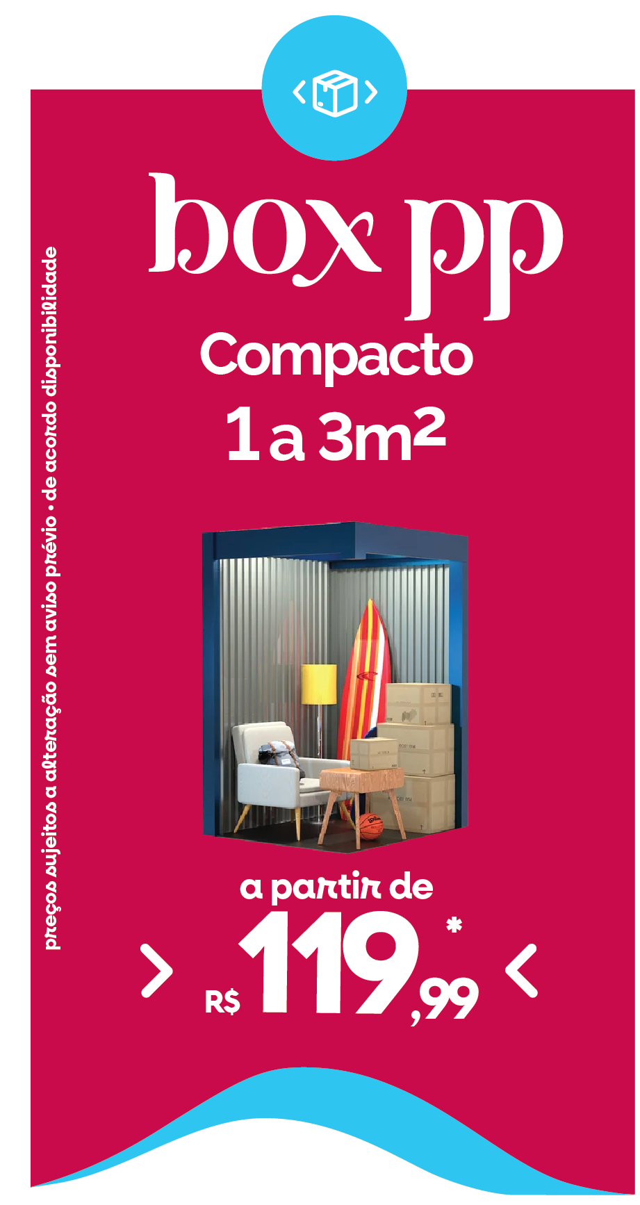 Anúncio de um box de armazenamento de 1 a 3 m² a partir de R$ 119,99, com a imagem de um pequeno depósito cheio.
