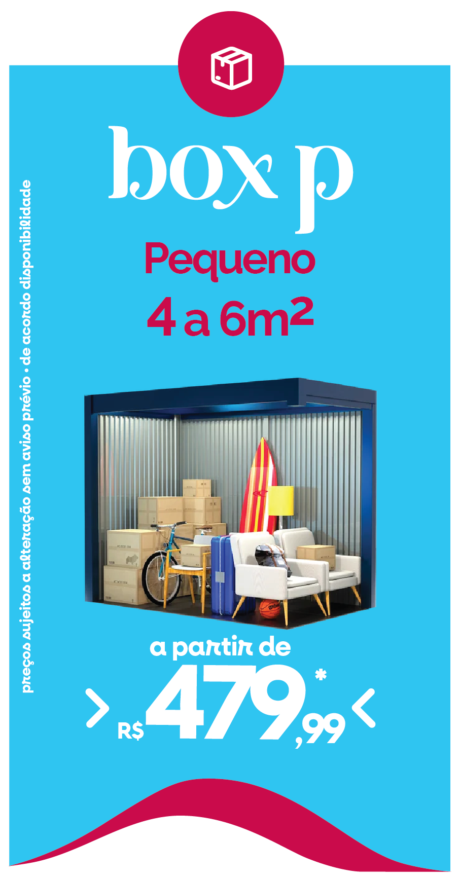 Anúncio de um box de armazenamento de 4 a 6m² a partir de R$ 479,99, com foto de um box de armazenamento cheio.