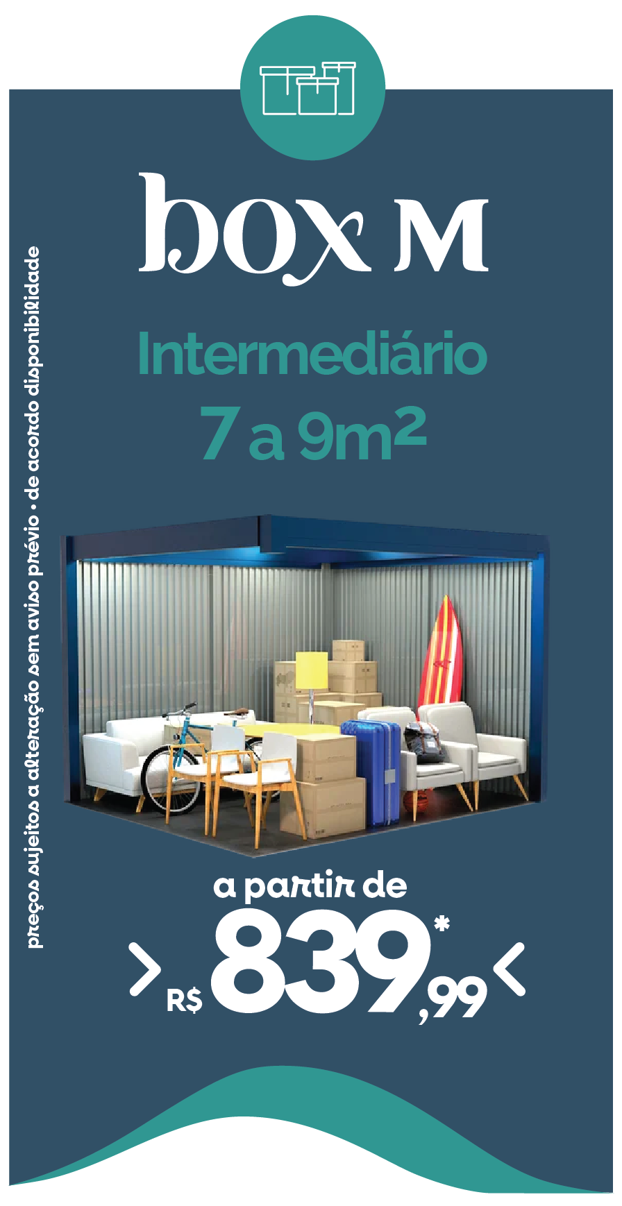 Anúncio de um depósito de 7 a 9 m² a partir de R$ 839,99, com ilustração de itens embalados dentro de uma caixa.