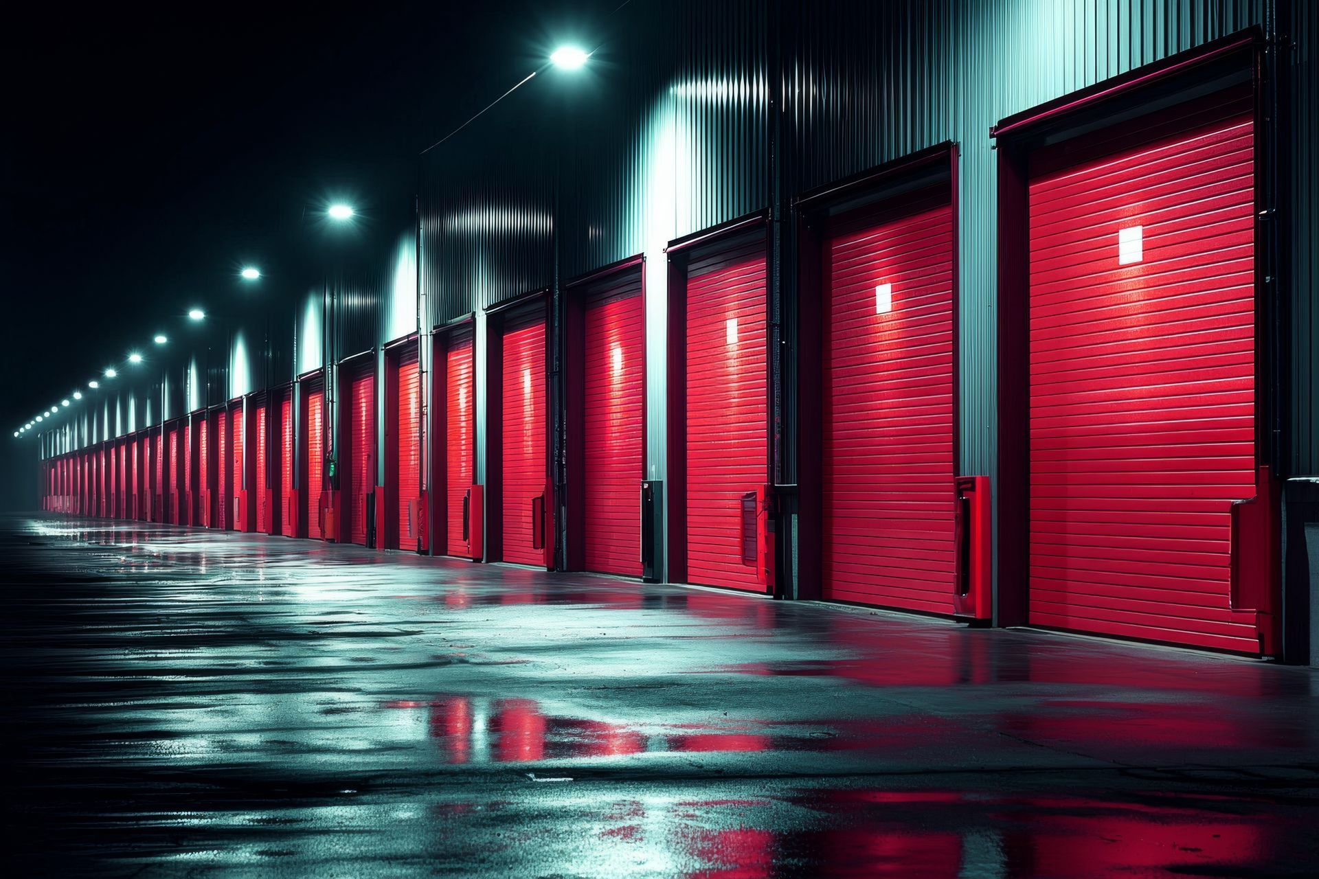 Uma fileira de portas de enrolar vermelhas brilhantes de um armazém, iluminadas por luzes no teto à noite, refletidas em uma superfície de concreto molhada.