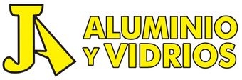 Logotipo amarillo con una J estilizada y una flecha, que dice “ALUMINIO Y VIDRIOS” en letras con contorno negro.