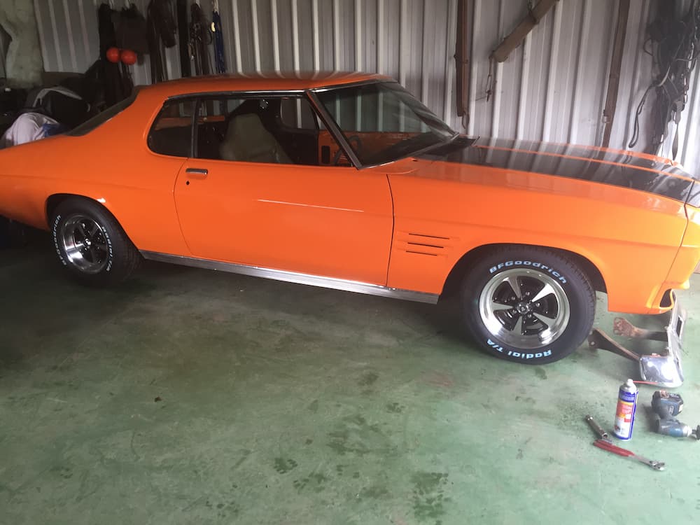 Side View of Orange Mustang with Racing Stripes — All Port Smash Repairs in Port Macquarie, NSW
