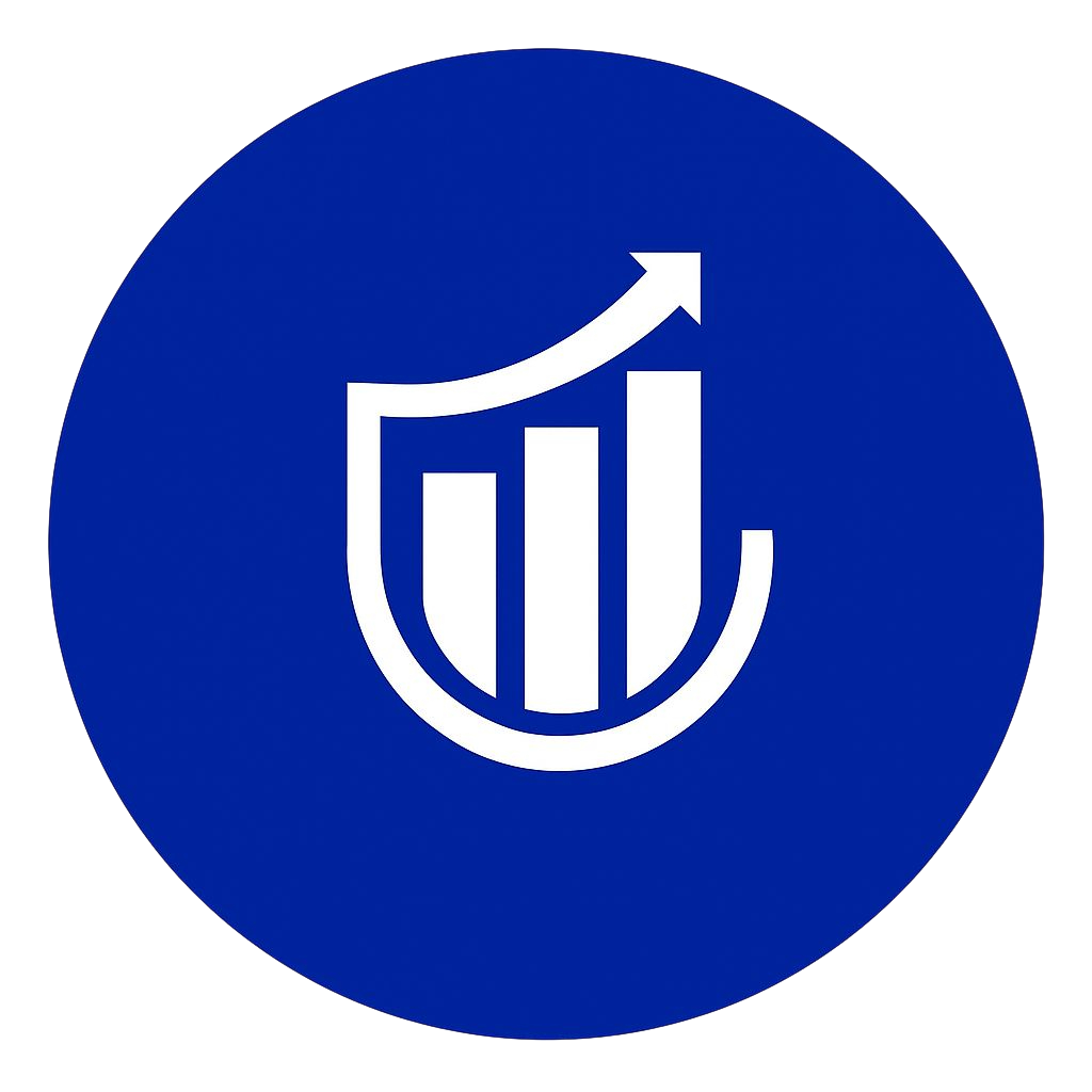 Gráfico de barras blanco con una flecha que apunta hacia arriba, dentro de un arco blanco, sobre fondo circular azul.