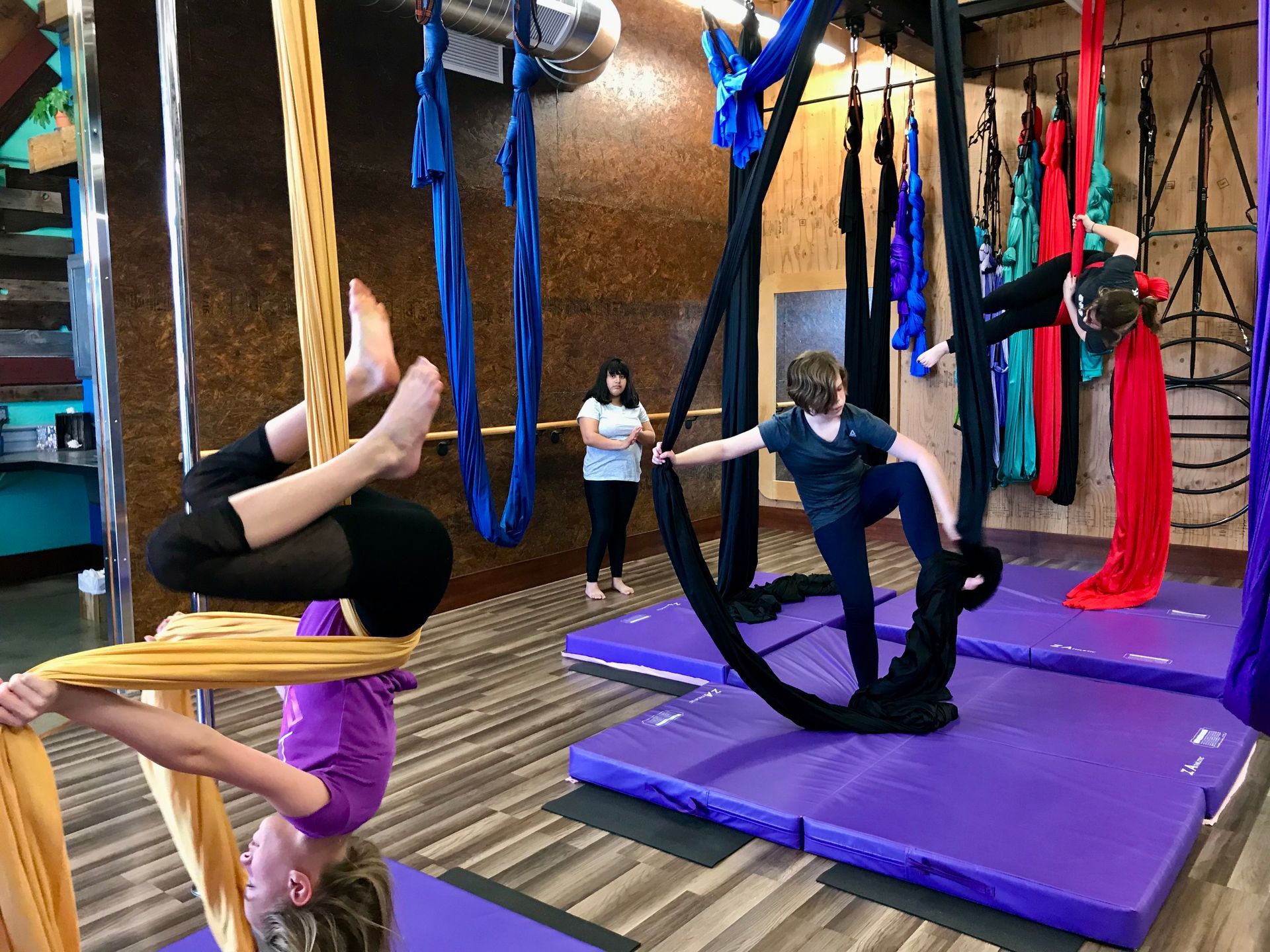 People practicing aerial yoga in a studio with purple mats and colorful fabric hammocks