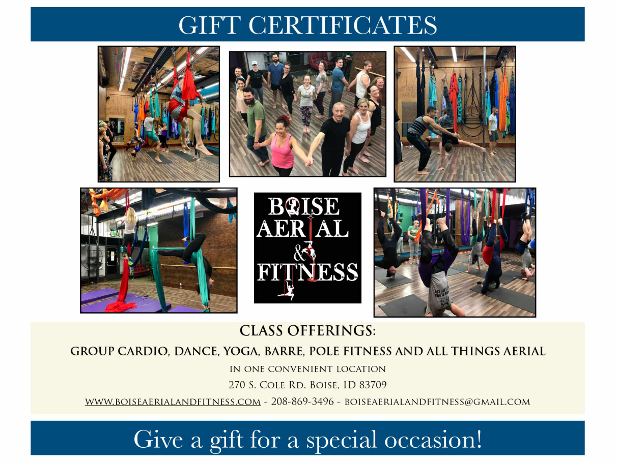 Gift certificates for Base Aerial Fitness with photos of aerial classes and a gift-for-special-occasions banner