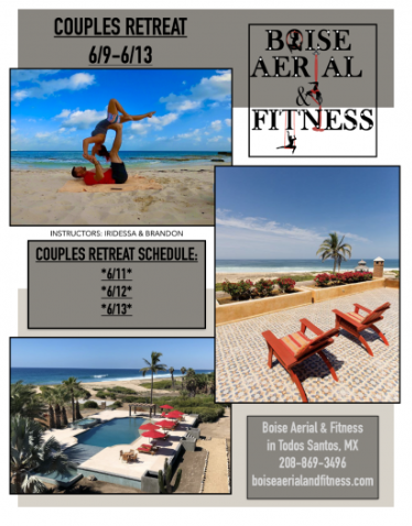 Couples retreat flyer with beach yoga poses, seaside photos, and Base Aerial Fitness logo and schedule