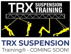 TRX suspension training logo with yellow silhouetted exercisers and “Coming Soon!” text on black and white background