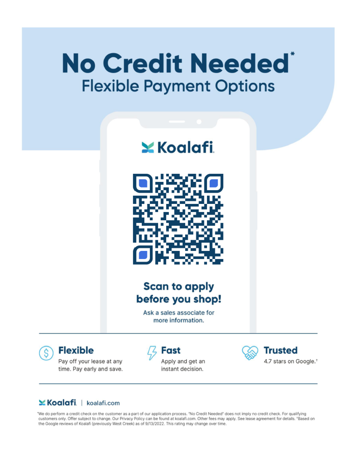 Advertisement for Koalafi: a smartphone with a QR code, promoting flexible payment options, and instant decisions.