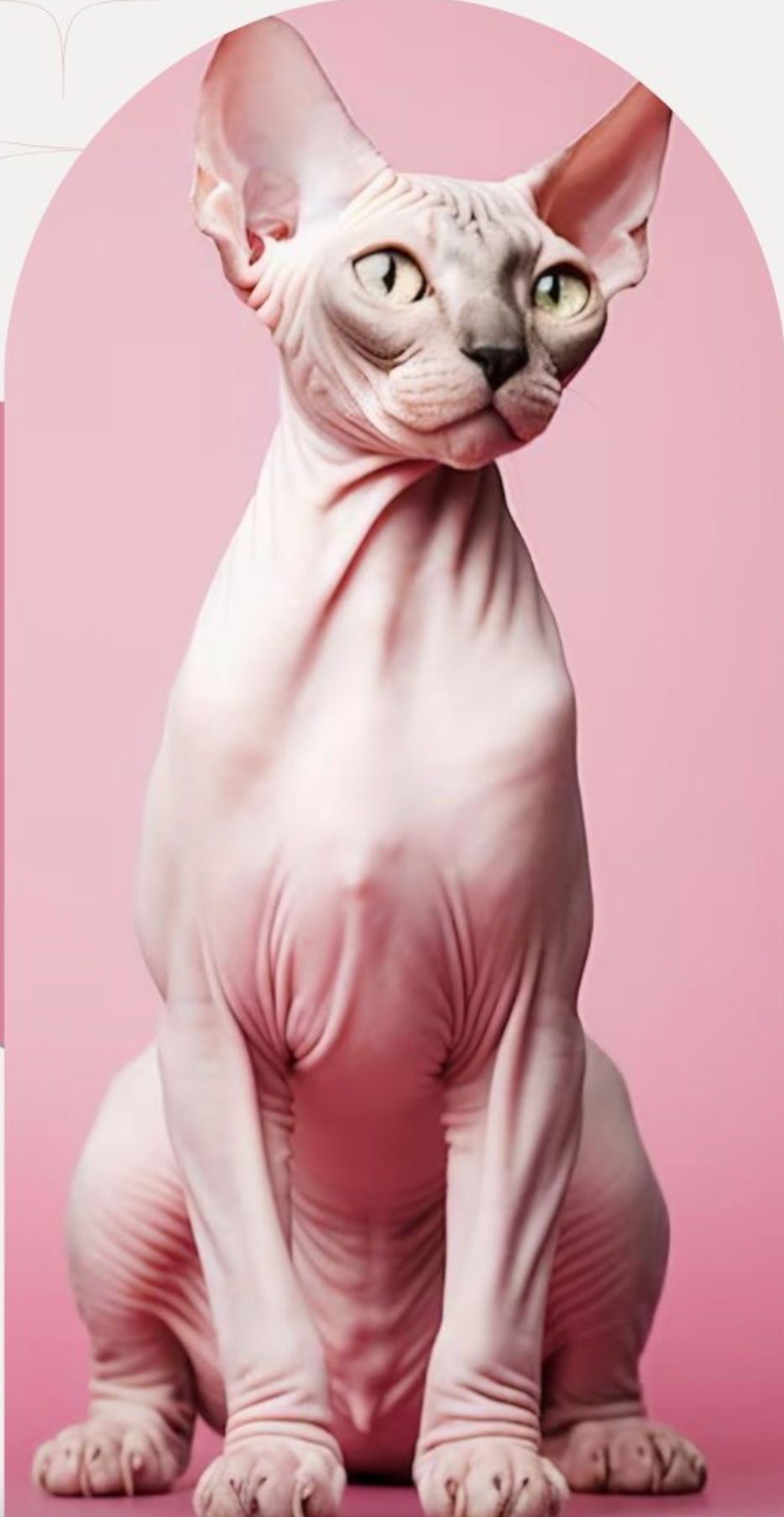 Sphynx cat sitting, pink skin, alert expression, against a pink backdrop. Level Up Falcon
