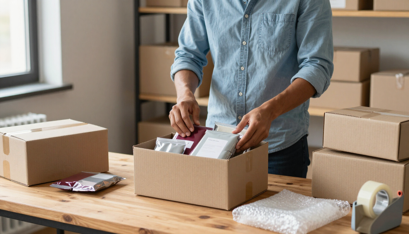 Una persona empaqueta artículos en cajas de cartón en una mesa en un espacio de trabajo de envío.