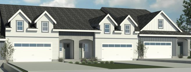 An artist 's impression of a row of houses with garages.