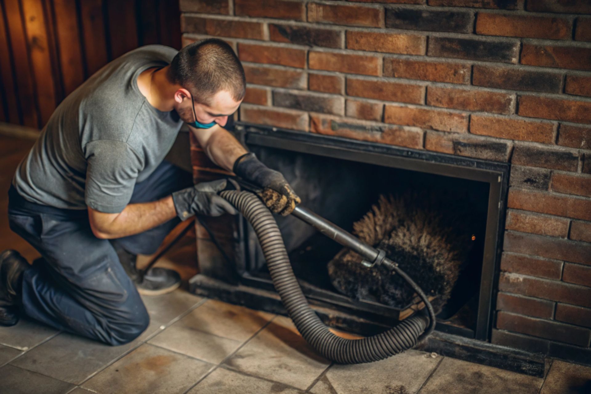 A man is cleaning a fireplace with a vacuum cleaner.