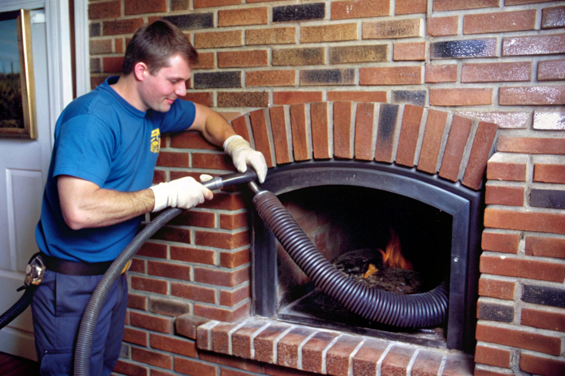 A man is cleaning a brick fireplace with a vacuum
