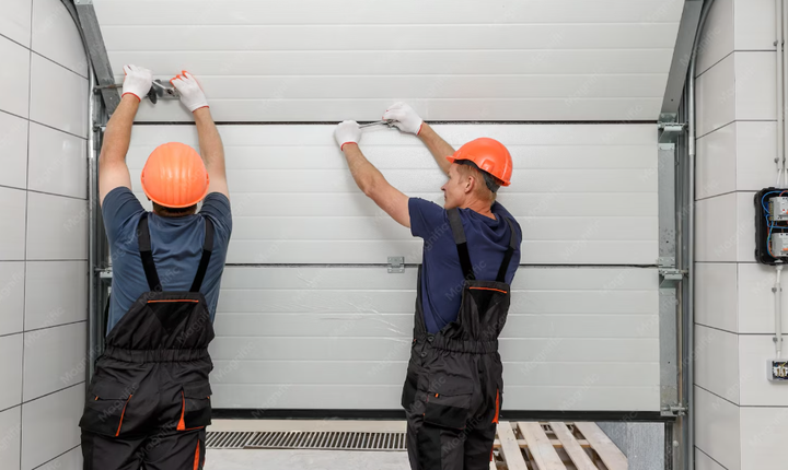Two workers in orange hard hats installing a metal garage door panel inside a warehouse