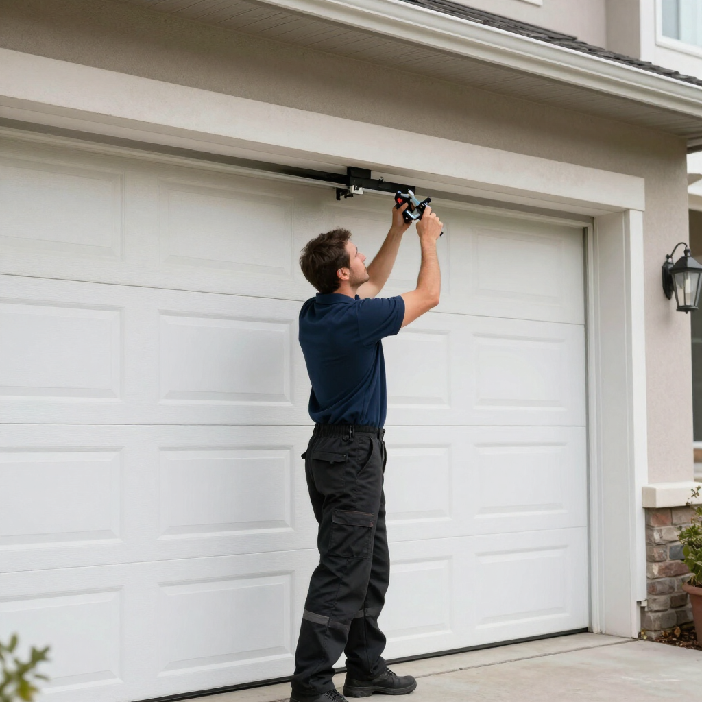 Person using a power tool to work on a garage door panel under a house eave