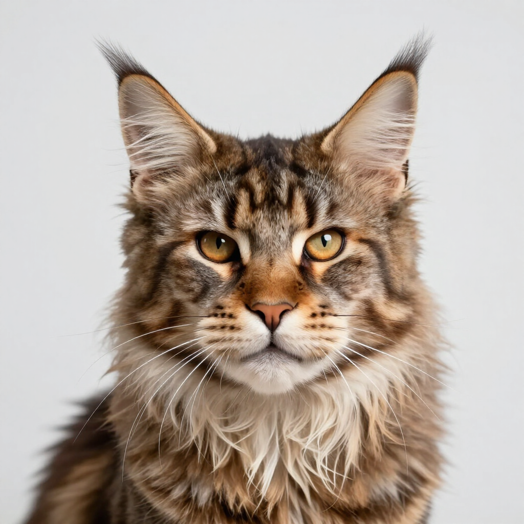 Front-facing long-haired tabby cat with tufted ears and amber eyes on a plain light background