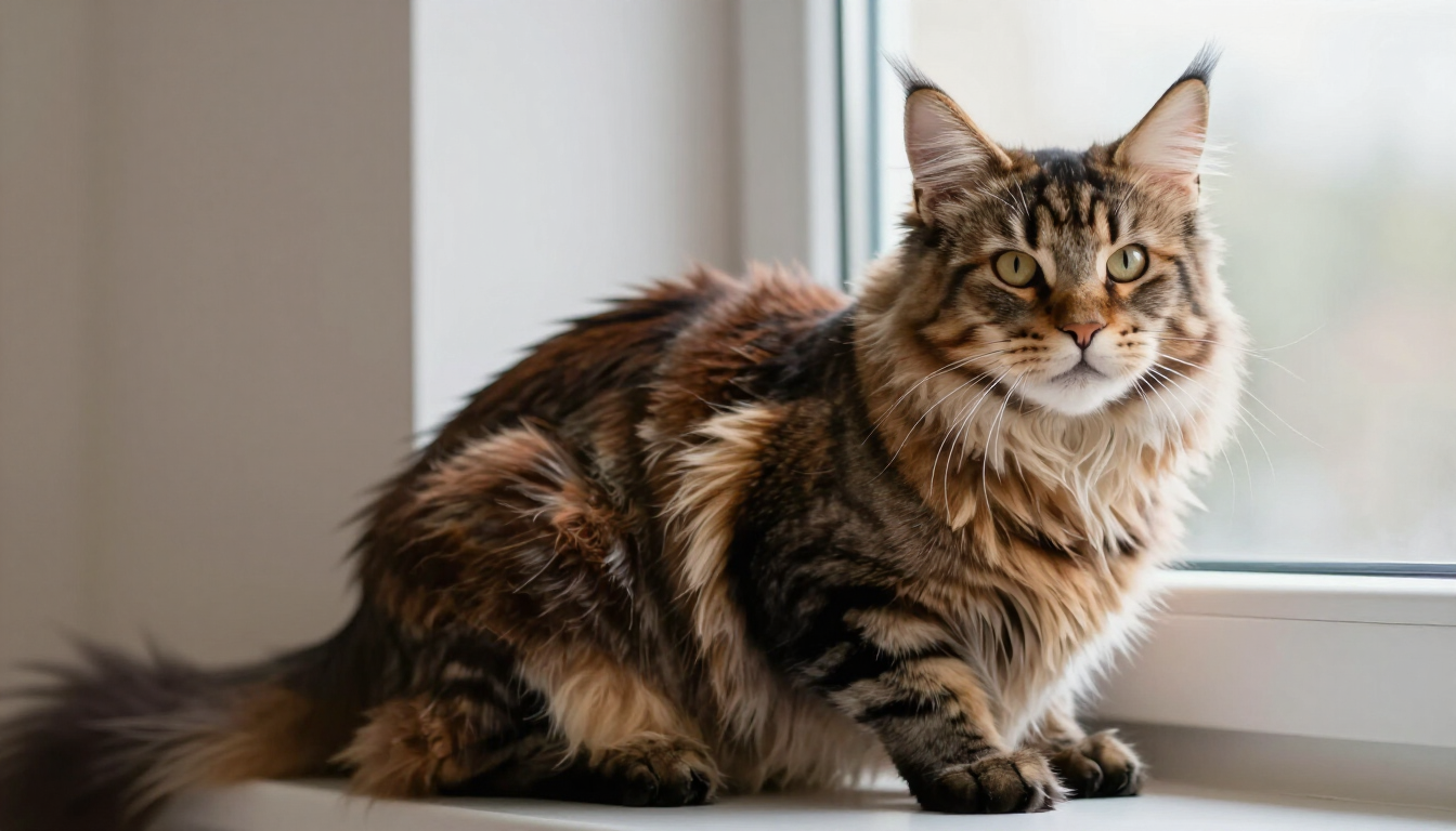 Fluffy brown tabby cat sitting on a windowsill, looking toward the camera.