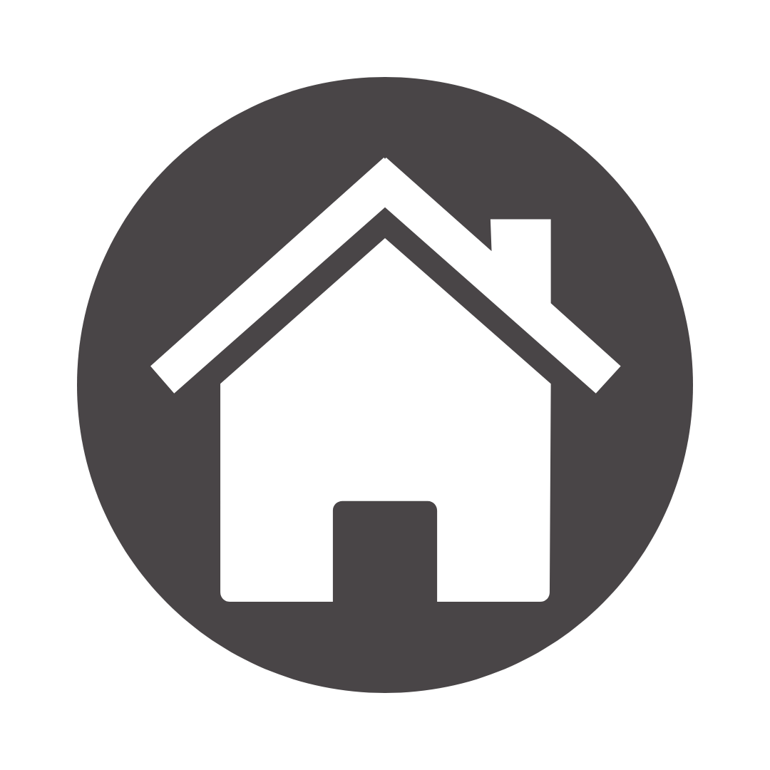A white house icon in a black circle on a white background.