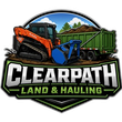 Clearpath Land & Hauling logo with orange skid steer and green dump trailer