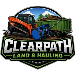Clearpath Land & Hauling logo with orange skid steer and green dump trailer
