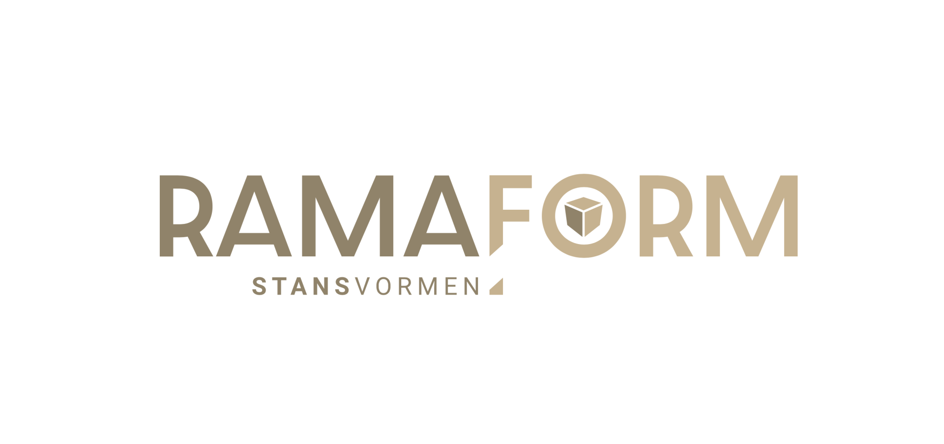 Logo voor RAMAFORM. Tekst in donkerbeige met een kubusicoon. 