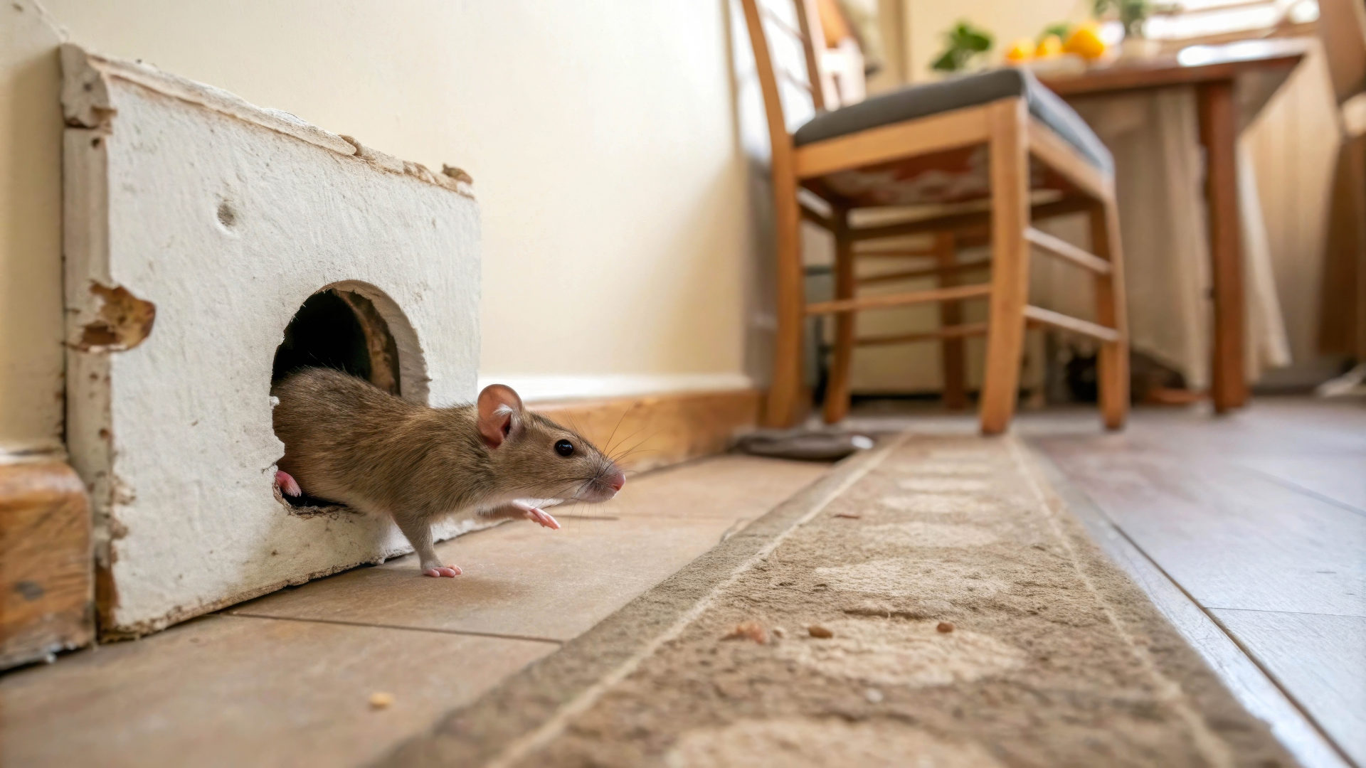 Rat emerging from a hole in a wall in a kitchen.