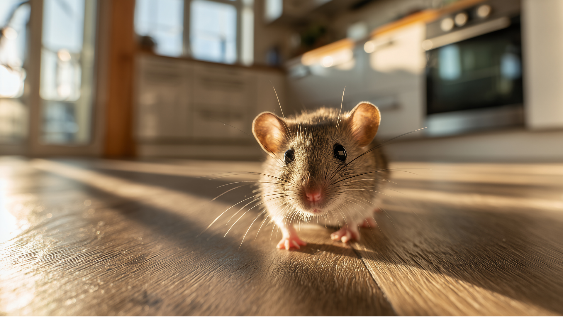 Mouse on a wooden floor in a kitchen, looking at the camera.
