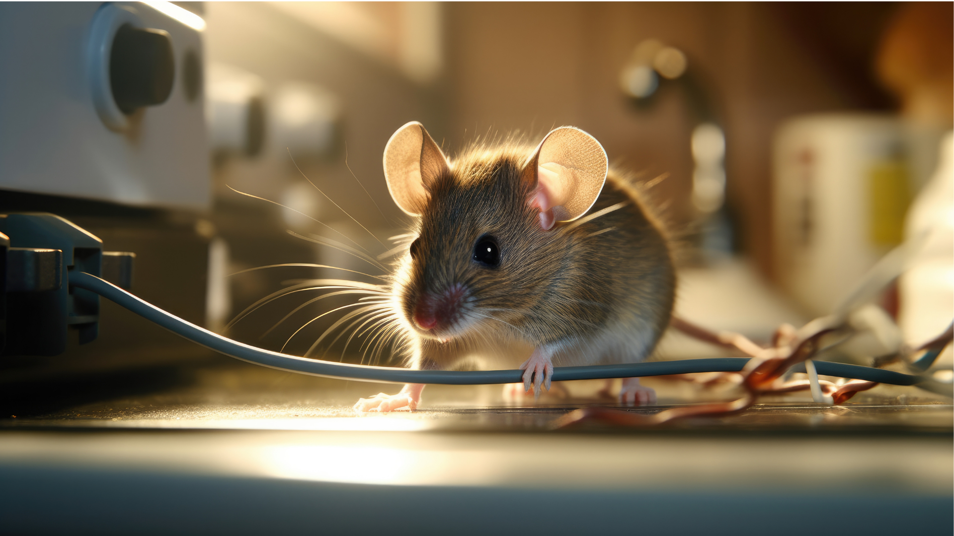 A small mouse stands on a counter near electrical wires, illuminated by warm light in a dimly lit kitchen setting.