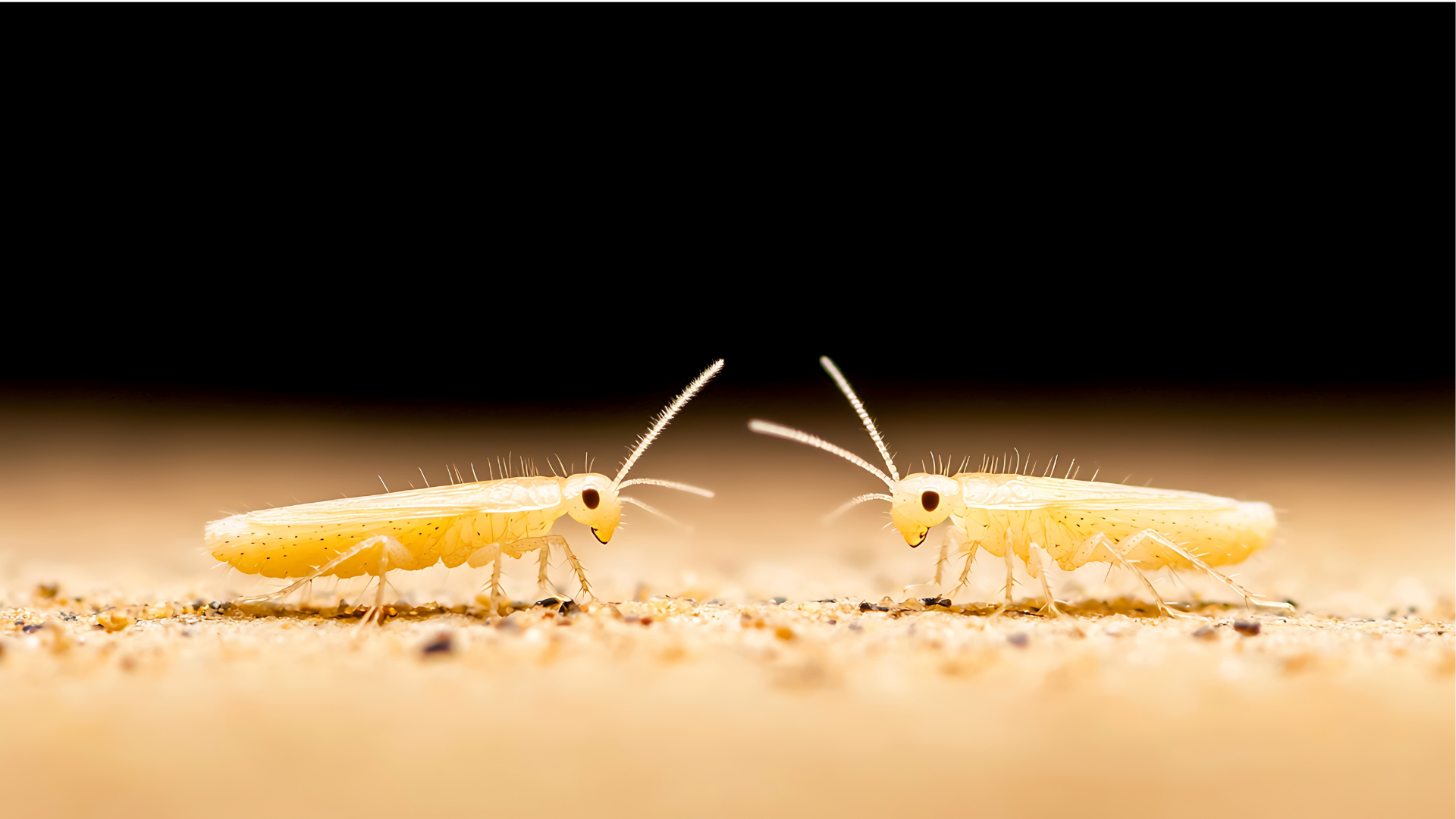 Two small, pale yellow insects face each other on a sandy surface against a black background.