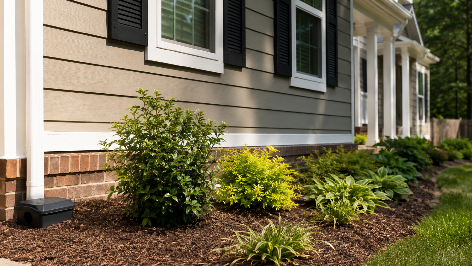 House exterior with beige siding, white trim, and landscaped shrubs along a mulched foundation bed.